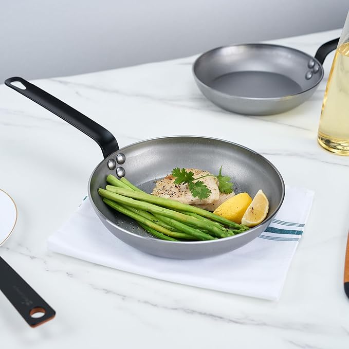 Restaurantware Met Lux 9.5 Inch Fry Pans, 6 No-Stick Frying Pans - Induction-Ready, Triple-Riveted, Silver Carbon Steel Cooking Skillets, Durable, For Searing, Sauteing, And Browning Food