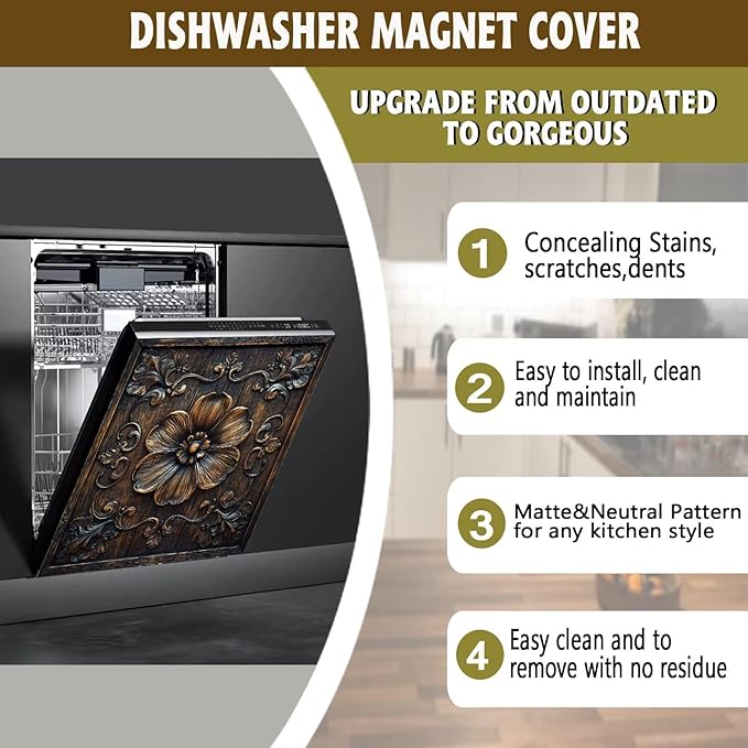 Vintage Wooden Floral Dishwasher Magnet Cover,Flower Carved Wood Magnetic Dishwasher Cover Vinyl Sticker,Rustic Wood Fridge Door Cover Magnets Art Skin Panel Decal,Home Decor Decal,23"X26"
