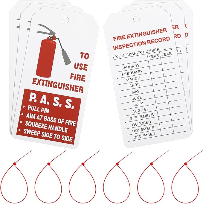 Outus 50 Sets Fire Extinguisher Tags with Adjustable Wire Ties 4.2 x 2.1 Inch Monthly Inspection Waterproof Tags Extinguisher Recharge and Inspection Record for Indoor Outdoor