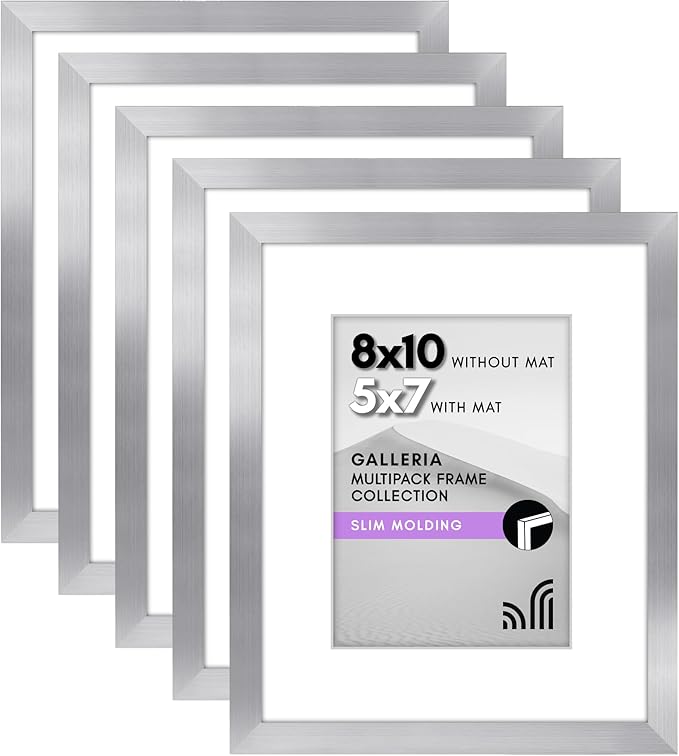 Americanflat 8x10 Picture Frame with Plexiglass - Set of 5 - Use as 5x7 Frame with Mat or Display 8x10 Photo Without Mat - Galleria Collection - Picture Frames for Tabletop or Wall - Silver