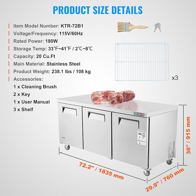 VEVOR 72" Commercial Refrigerator Sandwich & Salad Prep Table, 20 Cu. Ft Stainless Steel Refrigerated Food Prep Station with 3 Doors, Frost Free Refrigerator with Lock for Restaurant, Bar, Store