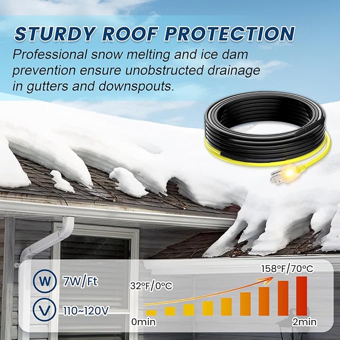 160 FT Heat Tape for Roof and Gutters, YeloDeer Gutter Heater Cable Heat Trace Cable for Snow De-Icing Ice Dam & Pipe Freeze Protection 7W/FT 120V