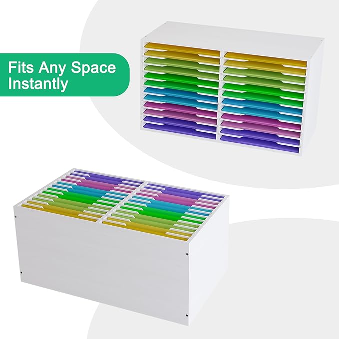 EasyPAG Scrapbook Paper Storage Organizer for Craft Room, 12x12 Paper Storage Desk Shelf, 24 Slot Adjustable File Sorter for Office School Classroom, White