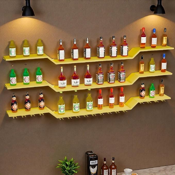 70.9" Wall Mounted LED Wine Rack, 3-Tier Floating Bar Shelves, Large Liquor Shelf with Wine Glass Rack, Large Bar Rack Wall Mounted for Liquor Bottles, Home Bar, Dining Room or Cafe, Gold