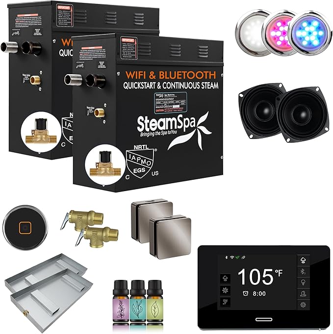 SteamSpa Steam System 21kW Steam Shower Generator with Bluetooth Wifi, Quickstart Continous Steam, Advanced Touch Pad Screen, Chroma Lights, Drain Pan and Auto Drain Brushed Nickel RVBS2100BN-A