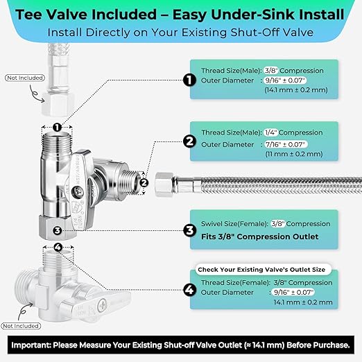 Refrigerator Ice Maker Water Line Kit - 20' Braided Stainless Steel Fridge Water Line with 1/4" Compression Fittings Pex Tubing Core and Water Splitter
