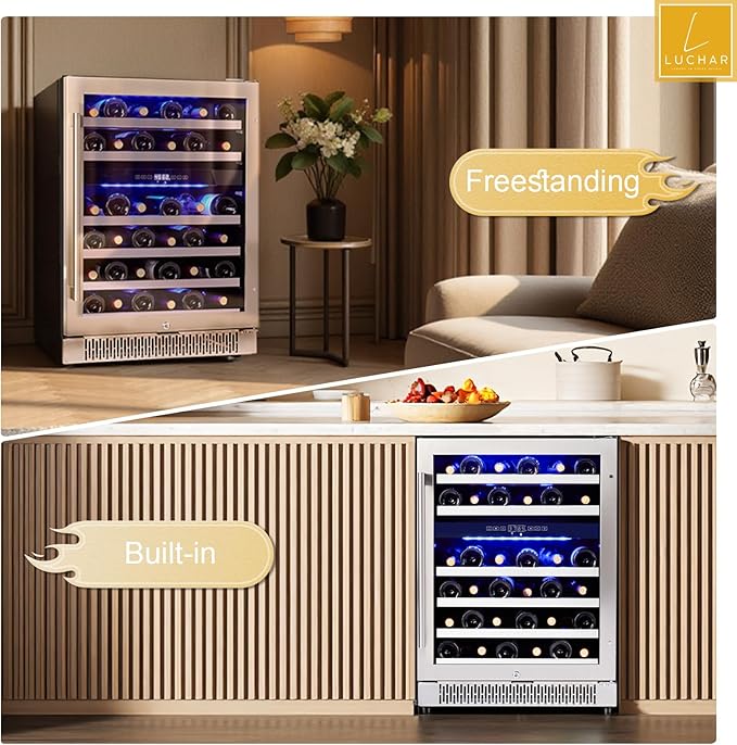 Luchar 24 Inch Wine Cooler Refrigerator, 46 Bottle Dual Zone Built-in or Freestanding Wine Fridge with Double-Layer Tempered Glass Door, Wine Refrigerator for Home, Kitchen, Bar, Office