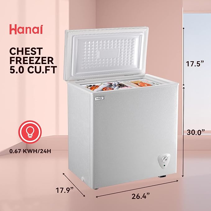5.0 Cu.Ft Chest Freezer WANAI Deep Freezers Large Storage 7 Temperature Control Low Noise with Removable Basket for Dorm Apartment Home Kitchen