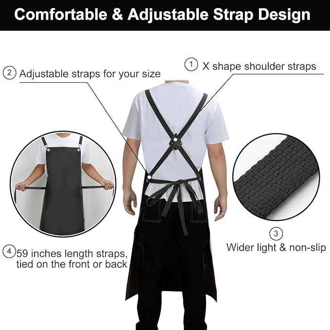 Waterproof Rubber Apron, 48" XL Anti-Tear Heavy Duty Vinyl Adjustable Thicker Cross Back for Restaurant Dishwashing, Butcher, Lab Work, Dog Grooming - Black