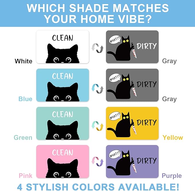 Funny Black Cat Cartoon Clean Dirty Dishwasher Magnet, Washing Machine Magnets Flip, Cute Cat Refrigerator Clean Dirty Sign, Double Sided Reversible Non Scratch Dish Washer Magnet Sign (Pink&Purple)
