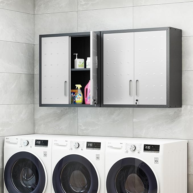 Garage Storage Cabinet Wall Cabinet with 2 Doors,Lockable Tool Cabinets Wall Mounted with Adjustale Shelves,Heavy Duty Steel Hanging Cabinets for Warehouse Kitchen Laundry,Assembly Required