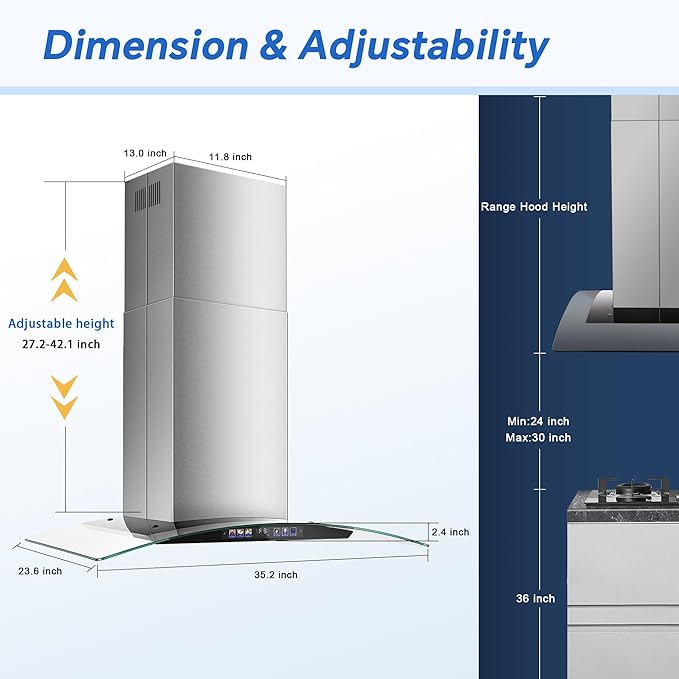Island Range Hood 36 Inch 700 CFM, Ceiling Mount Kitchen Exhaust Hood with Gesture Sensing & Color Touch Control, Tempered Glass, 3 Speed Vent Fan, 4 LED Lights, Permanent Baffle Filters