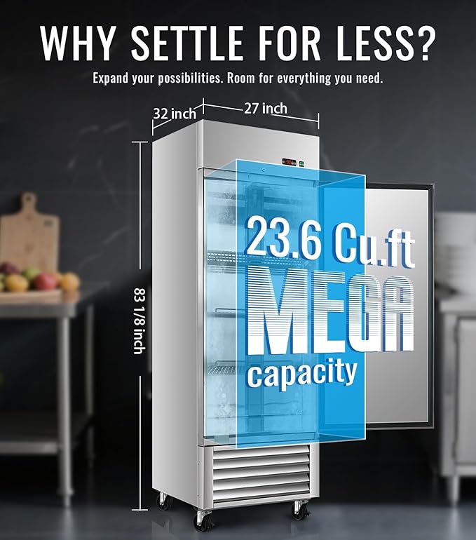 27" W Commercial Refrigerator, 23.6Cu.ft Reach-In Single Door Stainless Steel commercial fridge, 3 Shelves, Fan Cooling, Auto Defrost, Digital Thermostat - Ideal for Restaurant, Bar, Cafe, Shop