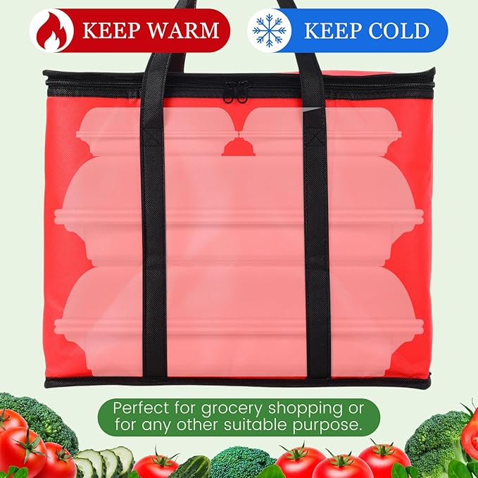 Kenning 8 Pcs Large Insulated Reusable Grocery Bags with Sturdy Zipper and Handles Foldable Washable Cooler Totes Heavy Duty Hot or Cold Food Delivery Bag for Food Transport Travel Lunch (Red Black)