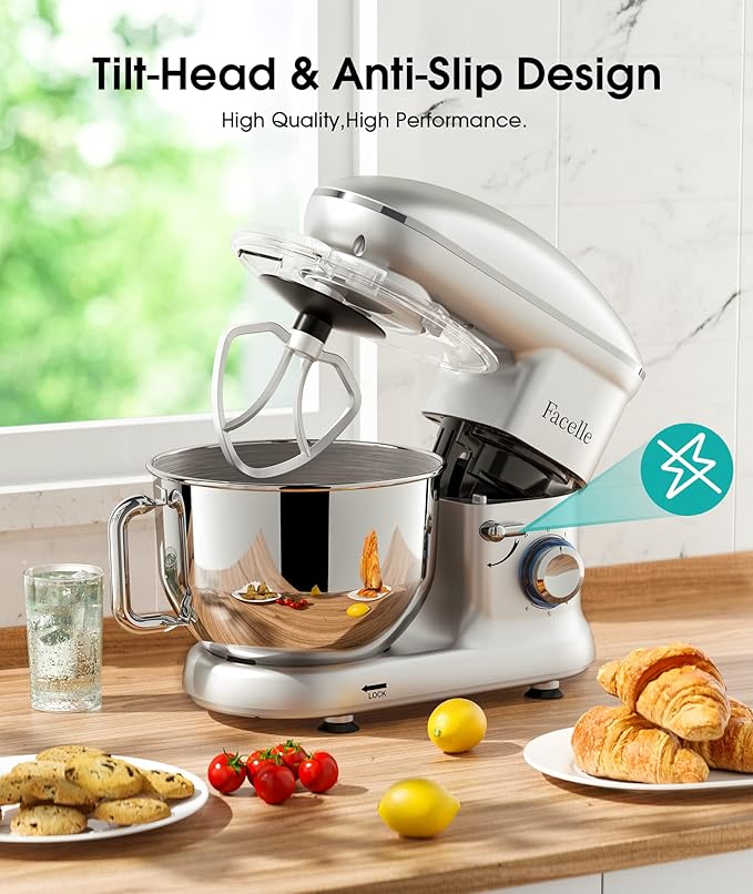 Facelle Stand Mixer, Electric Kitchen Mixer, 660W 6 Speed Tilt-Head stand mixer with Pulse, Attachments include 6.5QT Bowl, Dishwasher Safe Beater,Dough Hook,Whisk for Dough,Baking,Cakes,Cookie-Silver