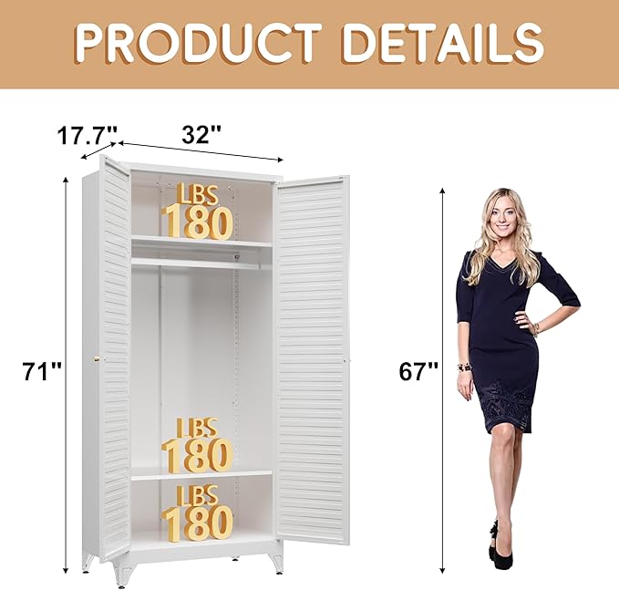71" Metal Wardrobe Cabinet with Hanging Rod,Armoire Wardrobe Closet with Doors and Adjustable Shelves, Whiet Clothing Storage Cabinets for Bedroom,Office,School,Hospital