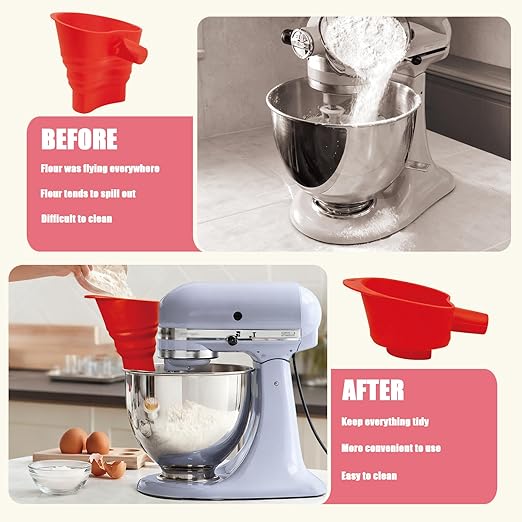 Flour Funnel for Kitchen Mixer，Silicone Funnel with Easy-Pour Attachment Fits 4.5 & 5Quart Tilt-Head Mixers, Easy Clean Durable Mess-Free Baking Accessory ((red,KSM150)
