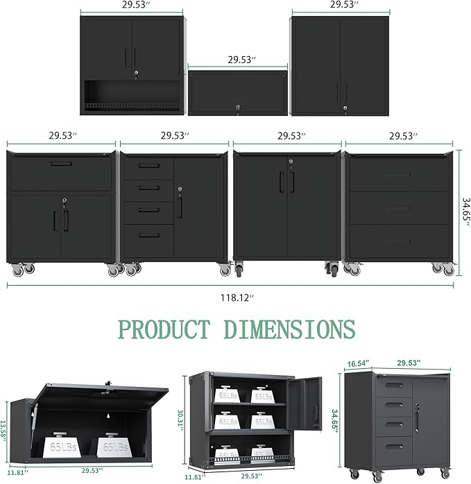 Metal Tool Cabinet,Garage Storage Cabinet System,Wall Cabinet & Locking Rolling Tool Cabinet with Doors and Adjustable Shelves,Steel Tool Cabinets for Home (7 Pcs-StyleA, Black)