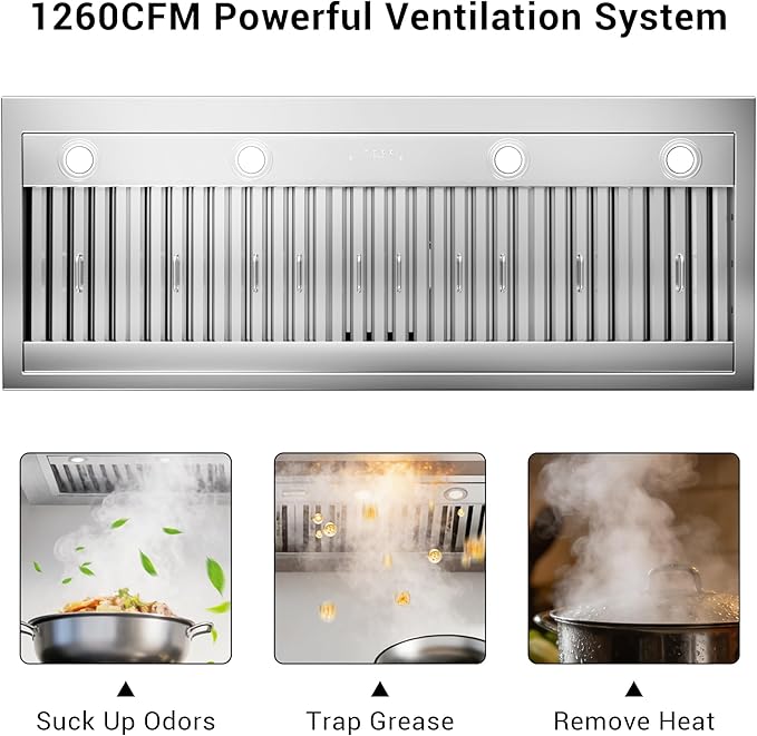48-inch Range Hood Insert with Inline Remote Blower, CT Copper Tailor 1260CFM Kitchen Vent Hood, 4-Speed Exhaust Fan, 4 LED Lights, 8" Round Ducted,Baffle Filters, in Stainless Steel