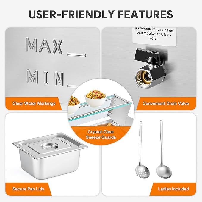 WILPREP 6-Pan Commercial Food Warmer with Sneeze Guard, Six 1/2 Pans, 1500W Countertop Electric Warmer, 86-185°F Adjustable Temp Control, Stainless Steel Buffet Bain Marie