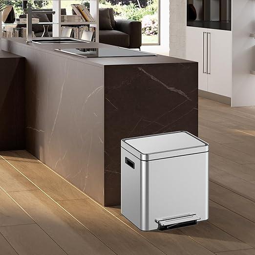 Dual Compartment Kitchen Trash Can with Lid 30l, Stainless Steel Step Trash Can with 2 Buckets, Soft-Close Foot Pedal Recycling Bin, Fingerprint-Resistant for Home, Kitchen, Office Waste Sorting