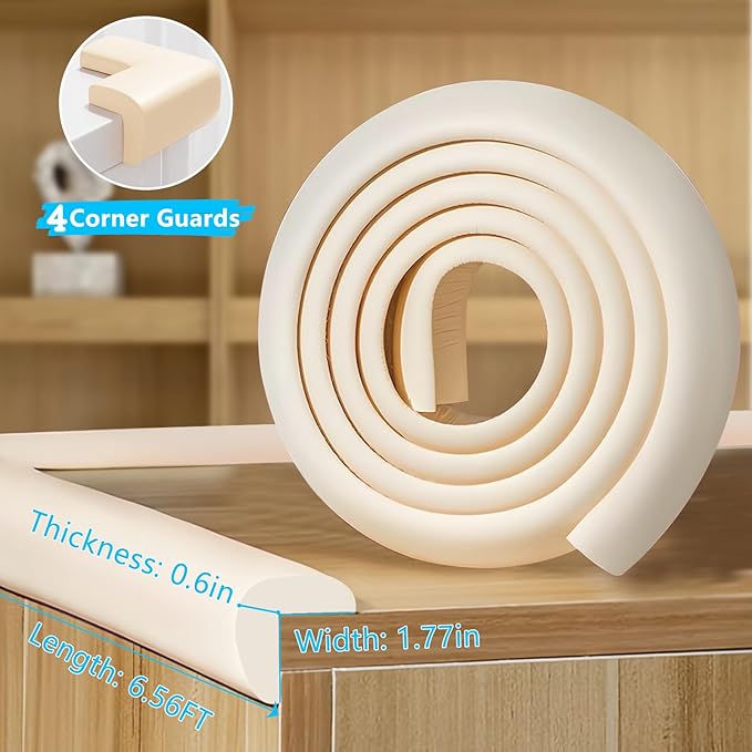 Baby Proofing Edge & Corner Protectors, White Foam L-Shape Self-Adhesive Bumper Strip + 4Corner Guards, Wall & Furniture Safety Bumpers for Nursery, Kitchen, Fireplace, Table, Desk