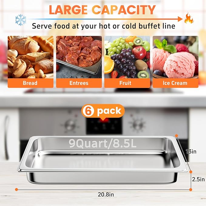 6 Pack Hotel Pans, 1/1 Full Size 2.5 Inch Deep Steam Table Pan, Stainless Steel Commercial Food Pan Anti Jam Steam Pan, Breading Trays for Hotel, Party, Buffet, Catering Supplies
