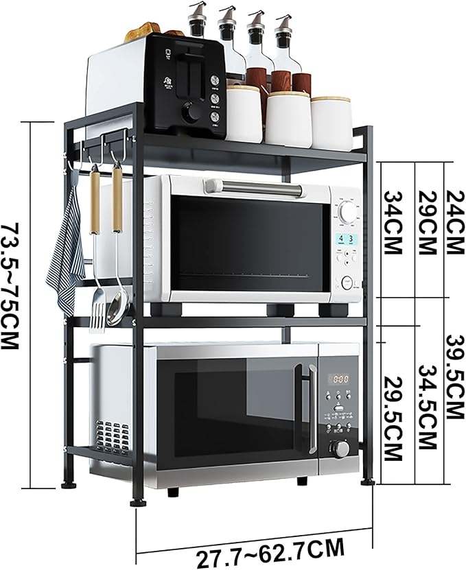 Microwave Storage Rack Microwave Oven Rack Kitchen Microwave Oven Rack Toaster Stand Kitchen Counter Shelf Expandable and Height Adjustable Steel Countertop Storage Shelf - Black/75Cm