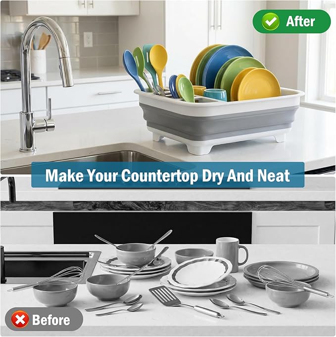 1 Pack Space-Saving Collapsible Dish Rack – Durable, Multi-Compartment Design for Kitchen, RV, Camping, and More – Dishwasher & Easy to Store
