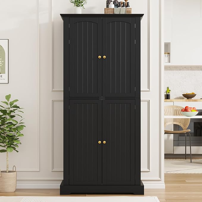 MHOM 71" Tall Pantry Cabinet, Farmhouse Kitchen Storage Cabinet with 6 Hanging Shelves and Adjustable Shelves, Freestanding Cupboard for Kitchen & Dining Room, Black