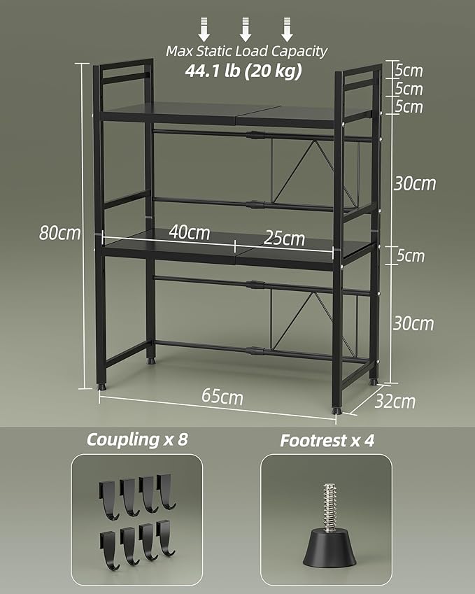 NETEL 2 Pcs Expandable Microwave Stand,3 Tier Metal Kitchen Countertop Organizer Shelves with 8 Hooks,Bakers Rack,Microwave Shelf,Microwave Oven Rack,110lbs Weight Capacity,Black