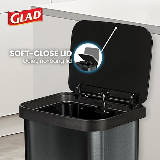 Glad Stainless Steel Step Trash Can with Clorox Odor Protection | Large Metal Kitchen Garbage Bin with Soft Close Lid, Foot Pedal and Waste Bag Roll Holder, 13 Gallon, Pewter