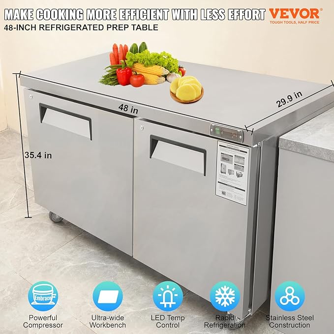 VEVOR Commercial Refrigerator, 48" Worktop Undercounter Refrigerator, 12.85 Cu. Ft Thick Stainless Steel Refrigerated Food Prep Station, 2 Door Worktop Fridge with lock for Restaurant, Bar, Diner
