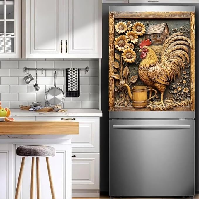 Vintage Wooden Sunflowers Magnetic Dishwasher Cover Vinyl Sticker, Rustic Wood Rooster Dishwasher Magnet Cover, Farm Fridge Barn Door Cover Magnets Art Skin Panel Decal for Home Decor, 23"X26"