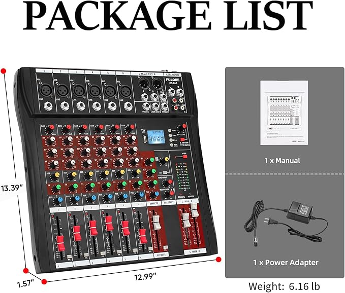6 Channel Mixer Audio Console, CT-60S Professional Music Mixer DJ Mixing Board with Reverb Bluetooth MP3 Player 48V Phantom Power Supply USB Recording for Studio Karaoke Live Performance