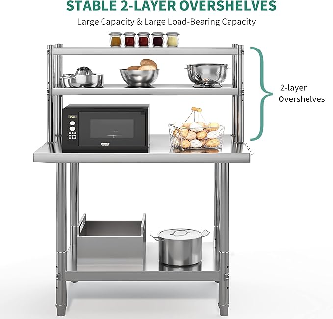 YITAHOME NSF Stainless Steel Table with Overshelf, 36" X 24" Work Table and 36" X 12" Shelf, Metal Prep Table for Home, Kitchen, Restaurant, Garage, Warehouse