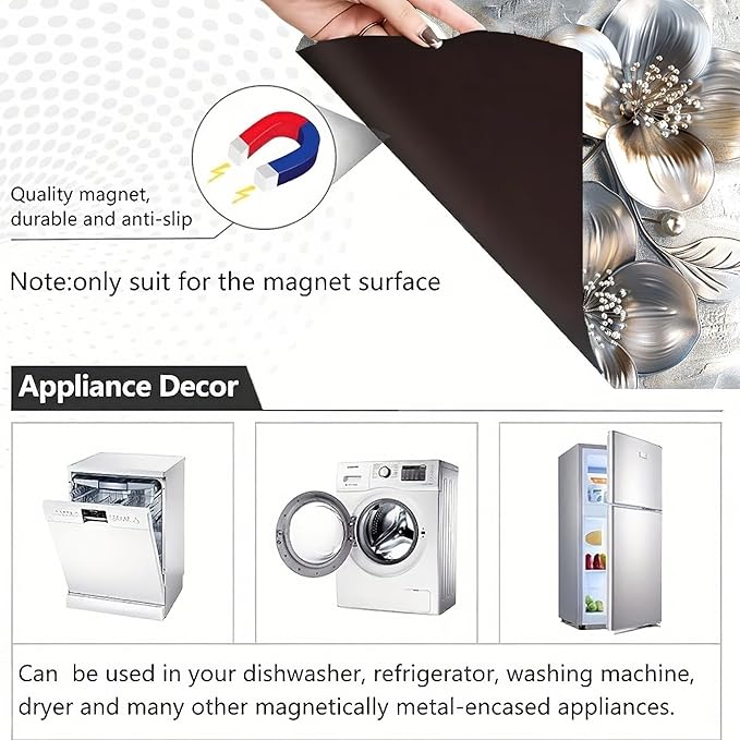 Silver Embossed Flower Magnetic Dishwasher Cover 23x26 Inch Floral Pearl Panel for Fridge Appliance Kitchen Door Magnet Sticker Surface Wrap Decorative Metal Look Art