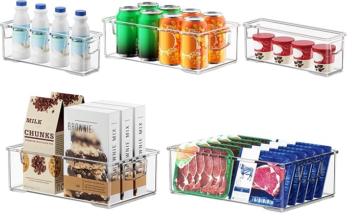 5 Pack Fridge Organizer Bins, Freezer Organizer Clear Stackable Storage Bins with Handles for Pantry, Cabinets, Kitchen, Home Organization Must Haves