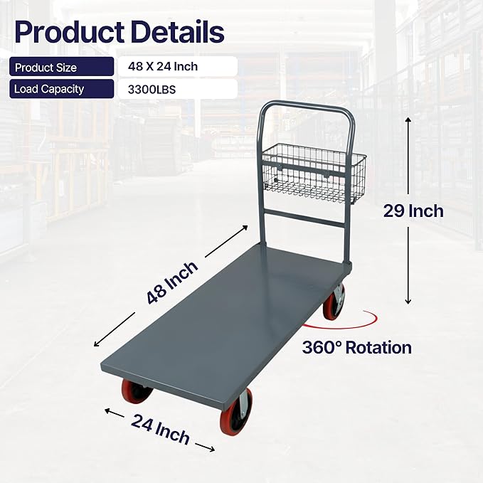 Flatbed Platform Cart 3300LB Industrial Dolly Cart Heavy Duty 48” x 24” Platform Hand Truck Push Cart Super Heavy Duty Diamond Plate Flatbed Cart 8'' Swivel Wheels Moving Cart w/Basket