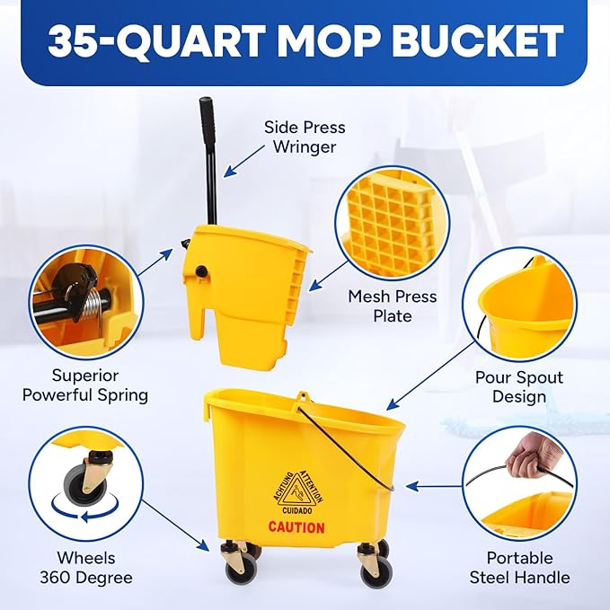 35-Quart Yellow Side-Press Mop Bucket and Wringer Combo on Wheels with Dirty Water Bucket for Commercial Use Perfect for Professional Industrial Business Household