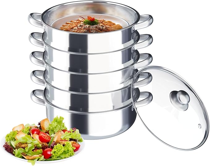 5 Tier Stainless Steel Steamer Pots Stackable Pan Steamer Cooking Pots Steam Canner with Lid Cookware Steaming Pots for Kitcken (30CM)