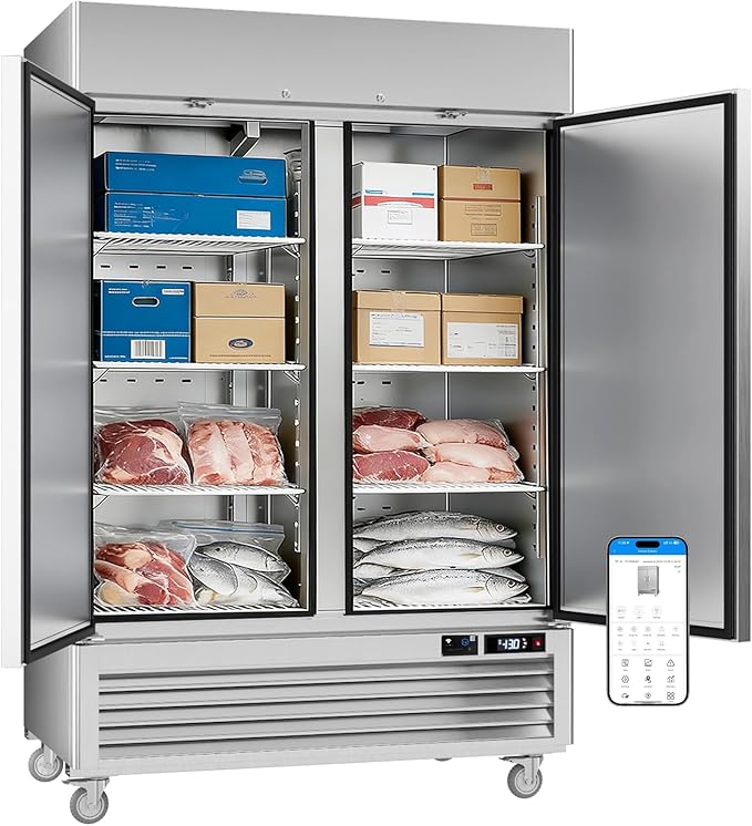 VEECOOL 54" W Commercial Reach in Freezer WiFi Enabled with Smart App Control, 49 Cu.Ft Fan Cooling Stainless Steel Solid Door Upright Freezer for Commercial Restaurant Cafe Kitchen Garage