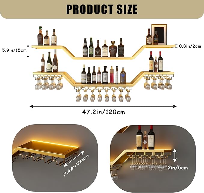 47.2in Modern LED Wine Rack Wall Mounted, 3-Tier Floating Bar Shelves with Wine Glass Rack, Large Hanging Liquor Shelf Wall Mounted, for Home Bar Dining Room Cafe Decorative (Gold, 47.2in/120cm)