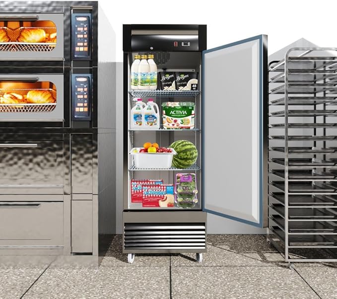 Commercial Refrigerator 1-Door Solid Upright Reach in Stainless Steel NSF 27" Width, Capacity 17.2 Cuft, Bottom Mounted Restaurant Quality Kitchen Cooler Fridge AKR-06881, NSF Certified