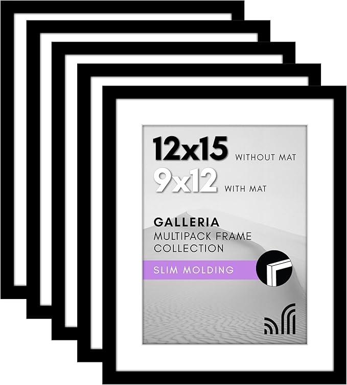 Americanflat 12x15 Picture Frame with Polished Plexiglass - Set of 5 - Use as 9x12 Frame with Mat or Display 12x15 Photo Without Mat - Galleria Collection - Picture Frames for Wall Display - Black