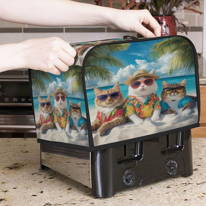 Toaster Cover 4 Slice, Beach Cat Anti Dust Protector for Bread Maker, Waterproof Kitchen Appliances Accessories