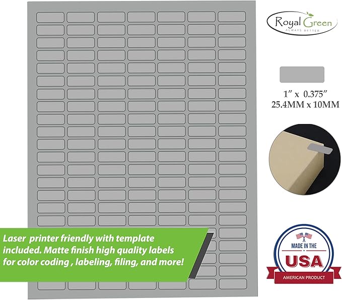 Metallic Labels Printable Sticker Paper Sheets for Printers in Metallic Silver, Small Printing Labels 1 inch x 0.375 inch for Laser Printers with Template Included, 7 Full Sheets - 1078 Pack