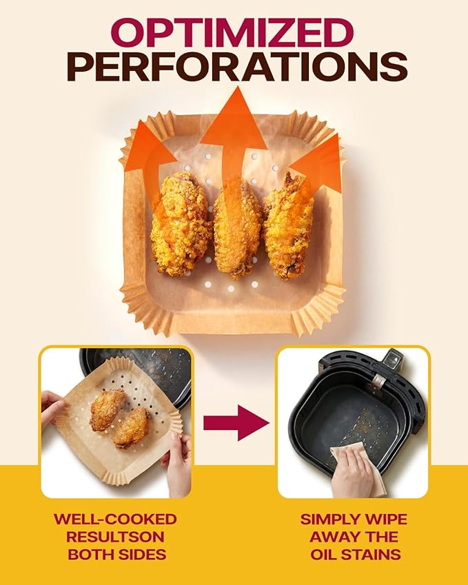 Katbite Air Fryer Liners Disposable - 8 inch Square Non-Stick Perforated Airfryer Paper Liners, Unbleached Parchment Paper for 5 to 8 Qt Basket, Frying, Baking, Cooking, Roasting, Easy Cleanup, 130pcs
