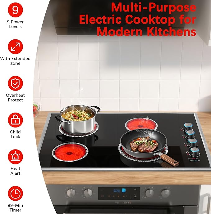 30 Inch Electric Cooktop, 4 Burner Electric Stove Top with Knob Control, 6700W Stove Top Burner with Overheat Protection, Child Lock, Timer, Durable Metal Frame, Bulit-in Glass Top 220-240V Hardwired