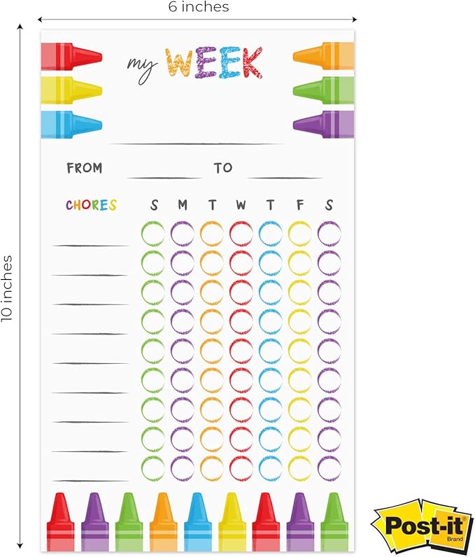 Cheerful Crayon Design Weekly Chore Chart / 6" x 10" Sticky Note Fill in Task List/Fun Week Assignment List